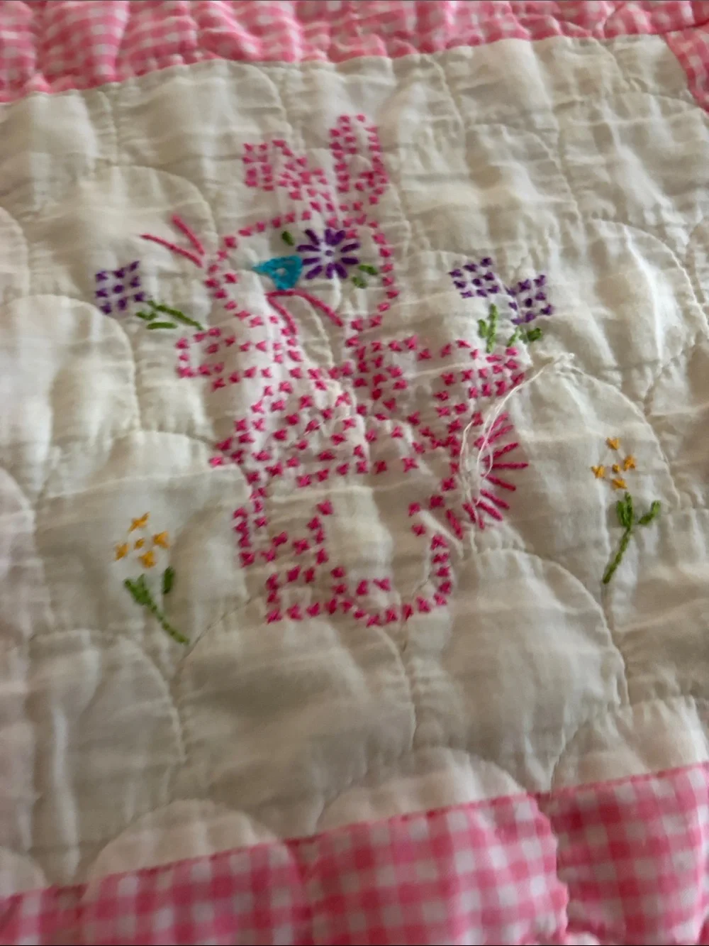 Pink and White Embroidered Baby Quilt - Cute Animal Patchwork handmade vintage